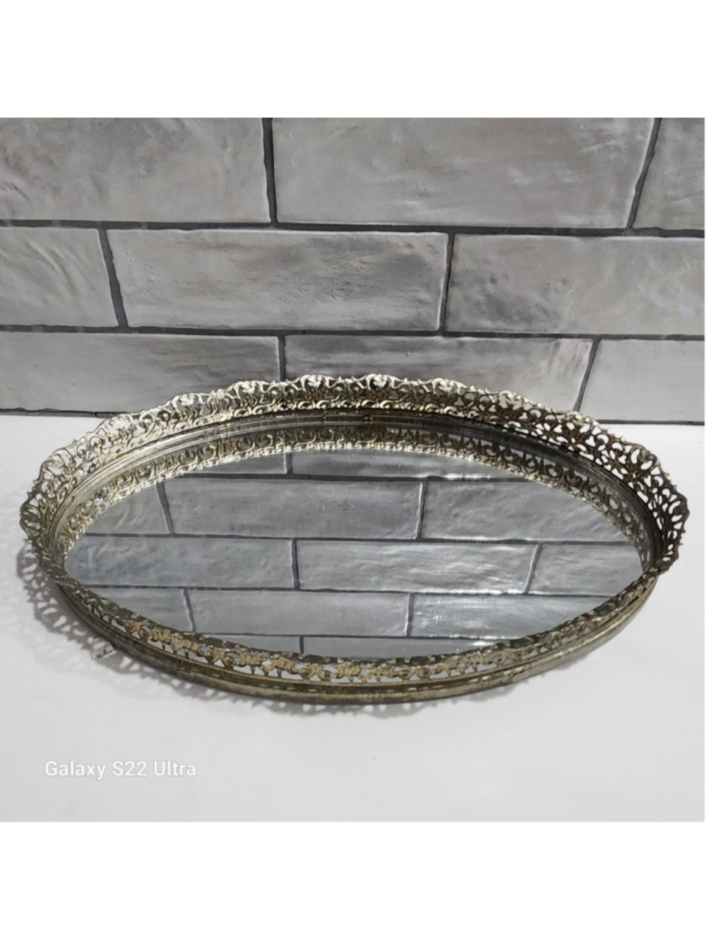 Oval Mirrored Vanity Tray, Gold Tone. Vintage